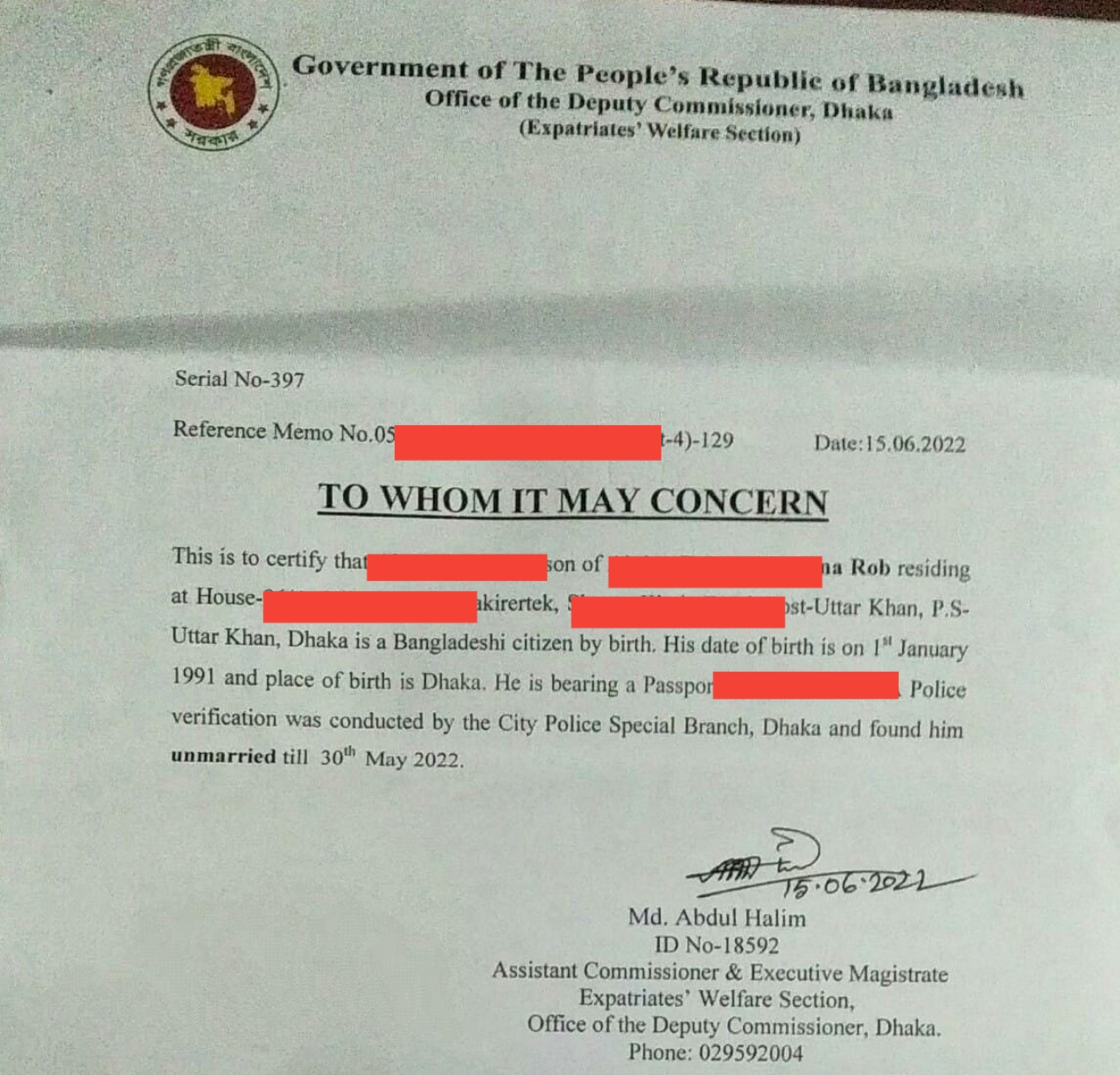 Unmarried certificate